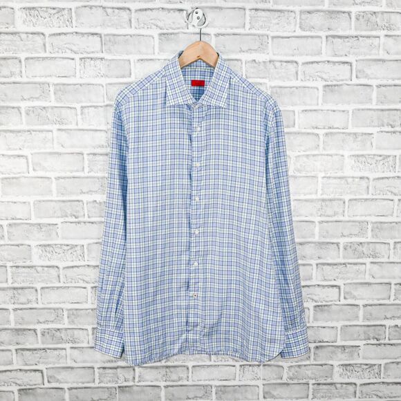 ISAIA Napoli Men's Button up Dress Shirt in Blue gren check cotton size 16 1/2 - Picture 1 of 8